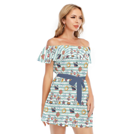 Sailor Duo on Deck - Women's Off-shoulder Ruffle Dress