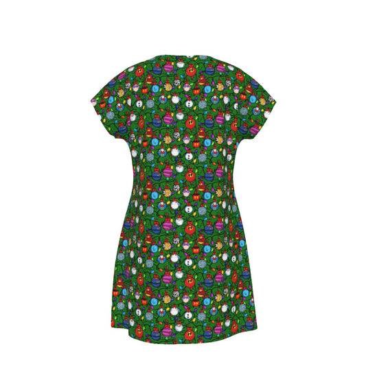 Festive Character Baubles on Green - Women's T-Shirt Dress