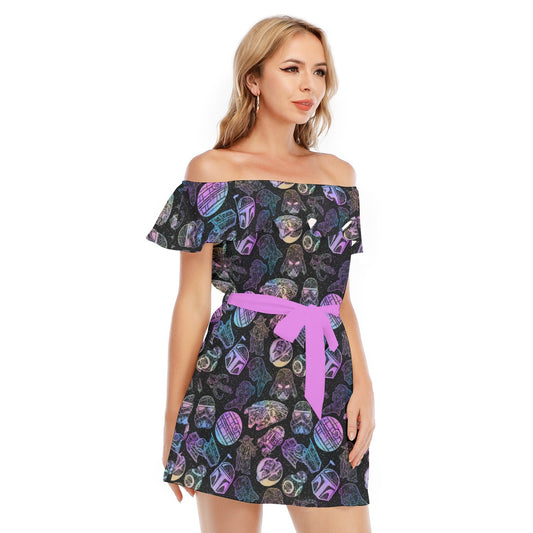 Watercolor Galactic Mandalas - Women's Off-shoulder Ruffle Dress