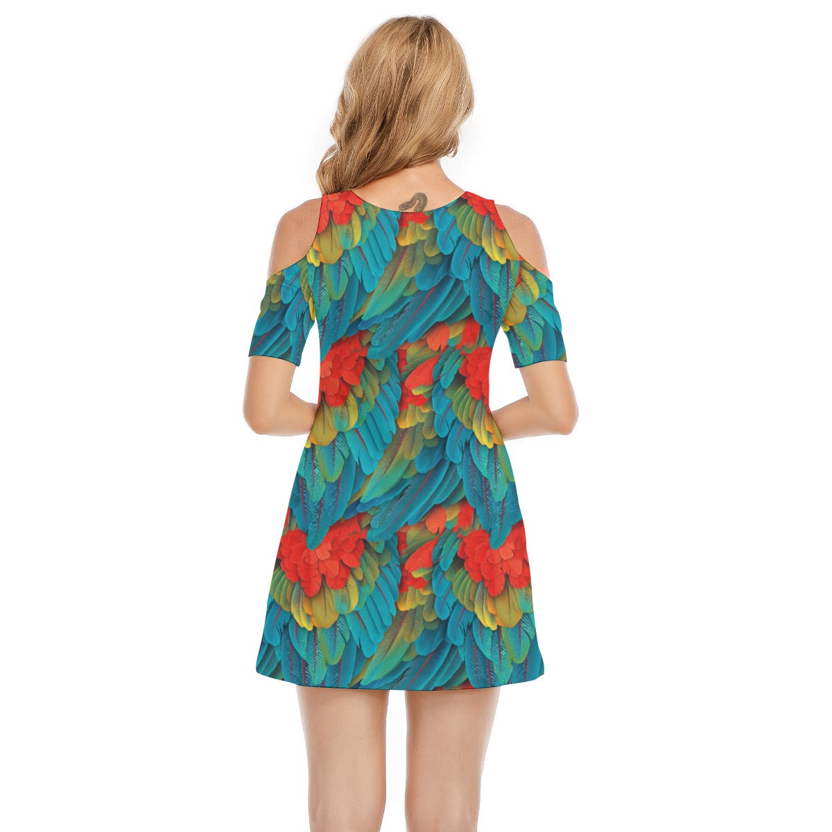 Animal Print - Macaw Parrot - Women's Cold Shoulder Cotton Dress