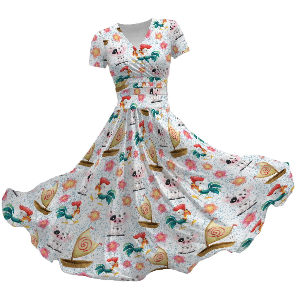 Island Pig & Rooster Duo - Women's V-Neck Ruched Midi Dress