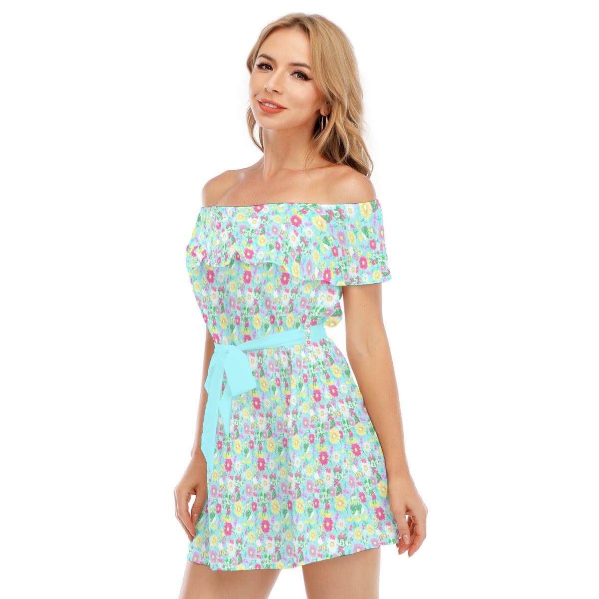 Neon Spring Floral Friends - Women's Off-shoulder Ruffle Dress