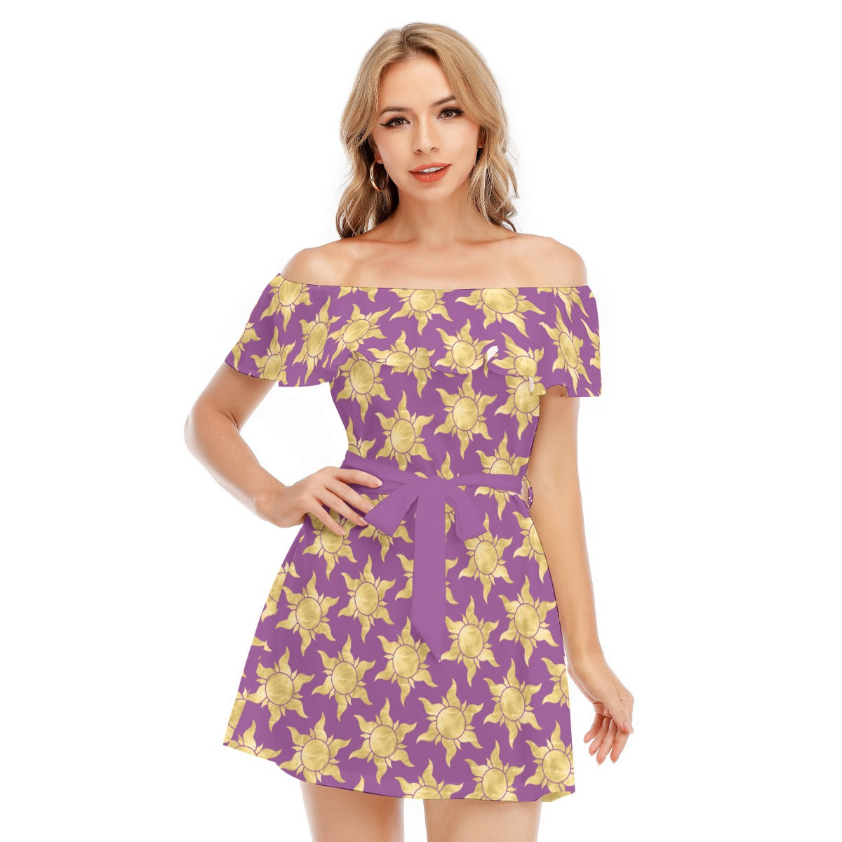 Golden Sun Symbols - Women's Off-shoulder Ruffle Dress