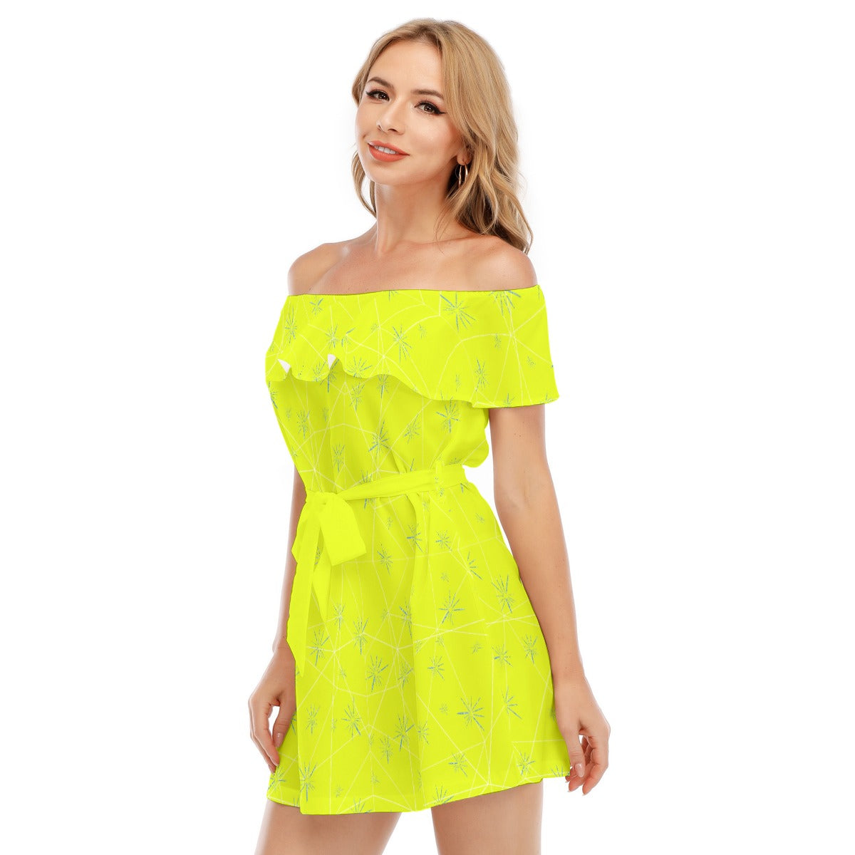 Joyful Blue & Yellow Florals - Women's Off-shoulder Ruffle Dress