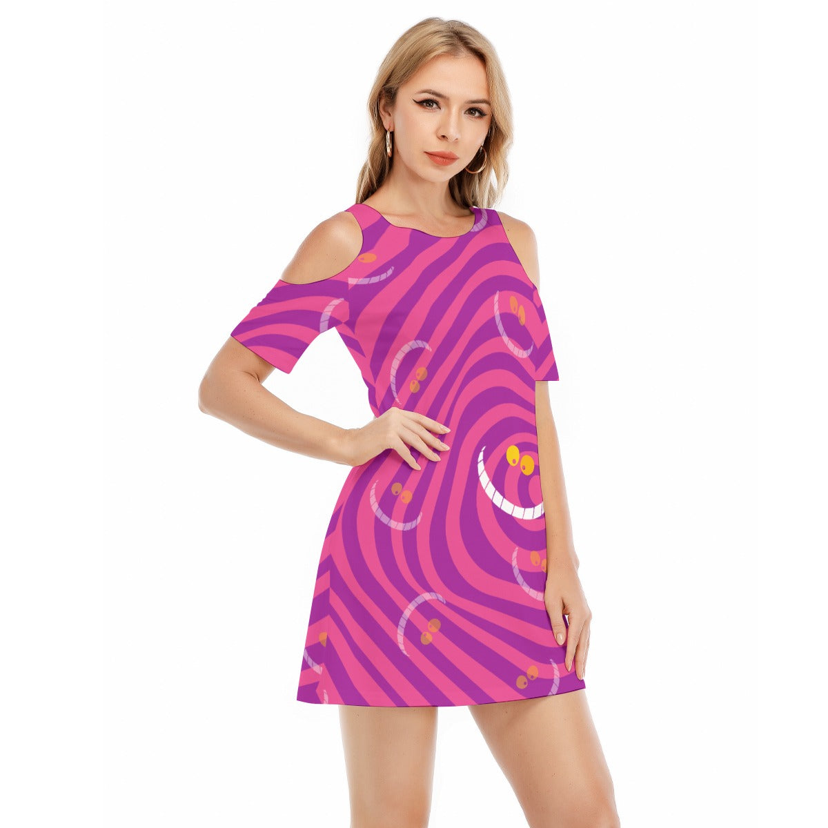 Whimsical Grinning Stripes - Women's Cold Shoulder Cotton Dress