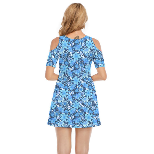 Blue Crystal Moths - Women's Cold Shoulder Cotton Dress