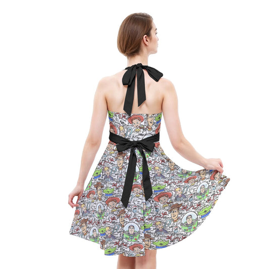 Sketch Autographs of Animated Toy Friends - Women's Halter Vintage Pocket Dress