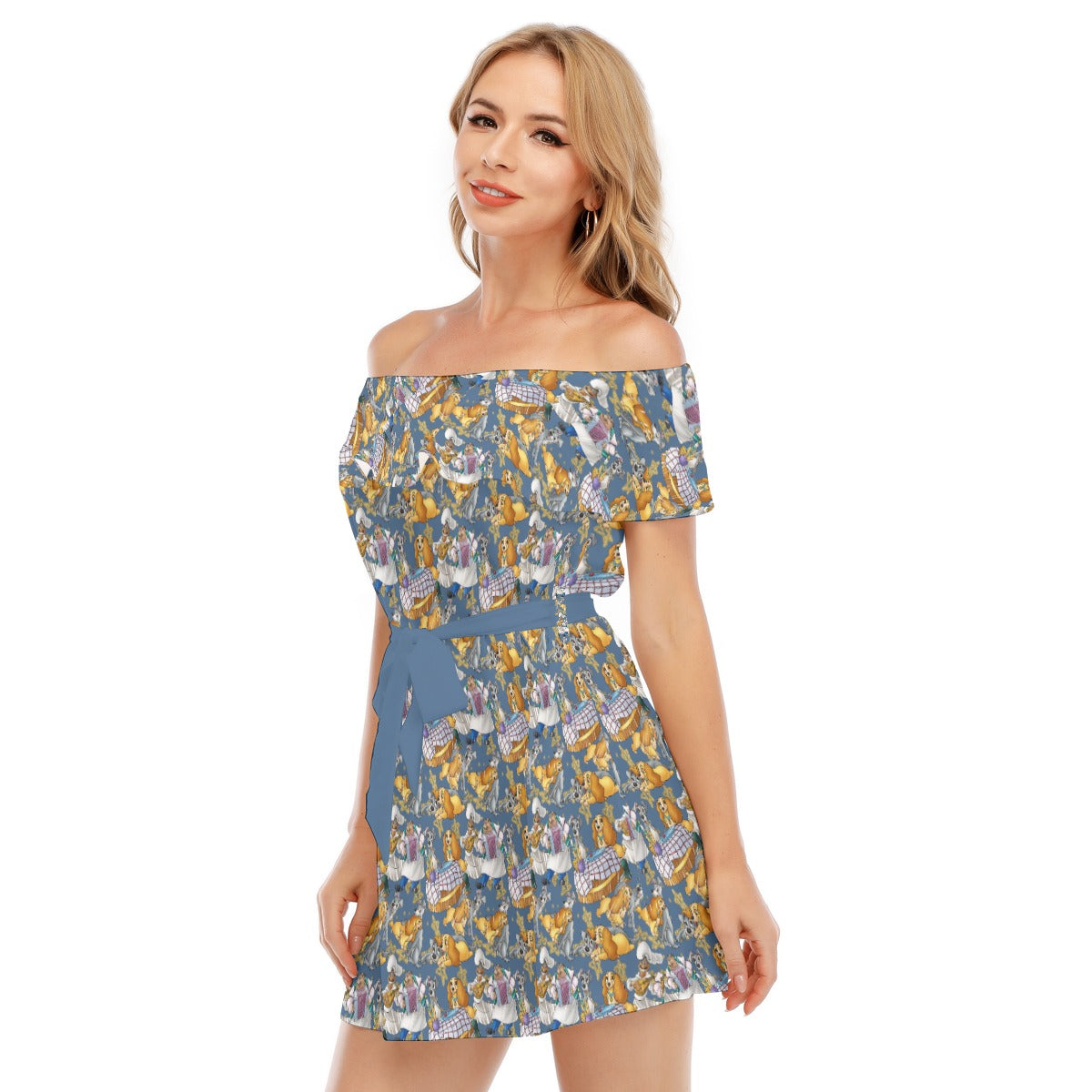 Puppy Love Sketch - Women's Off-shoulder Ruffle Dress