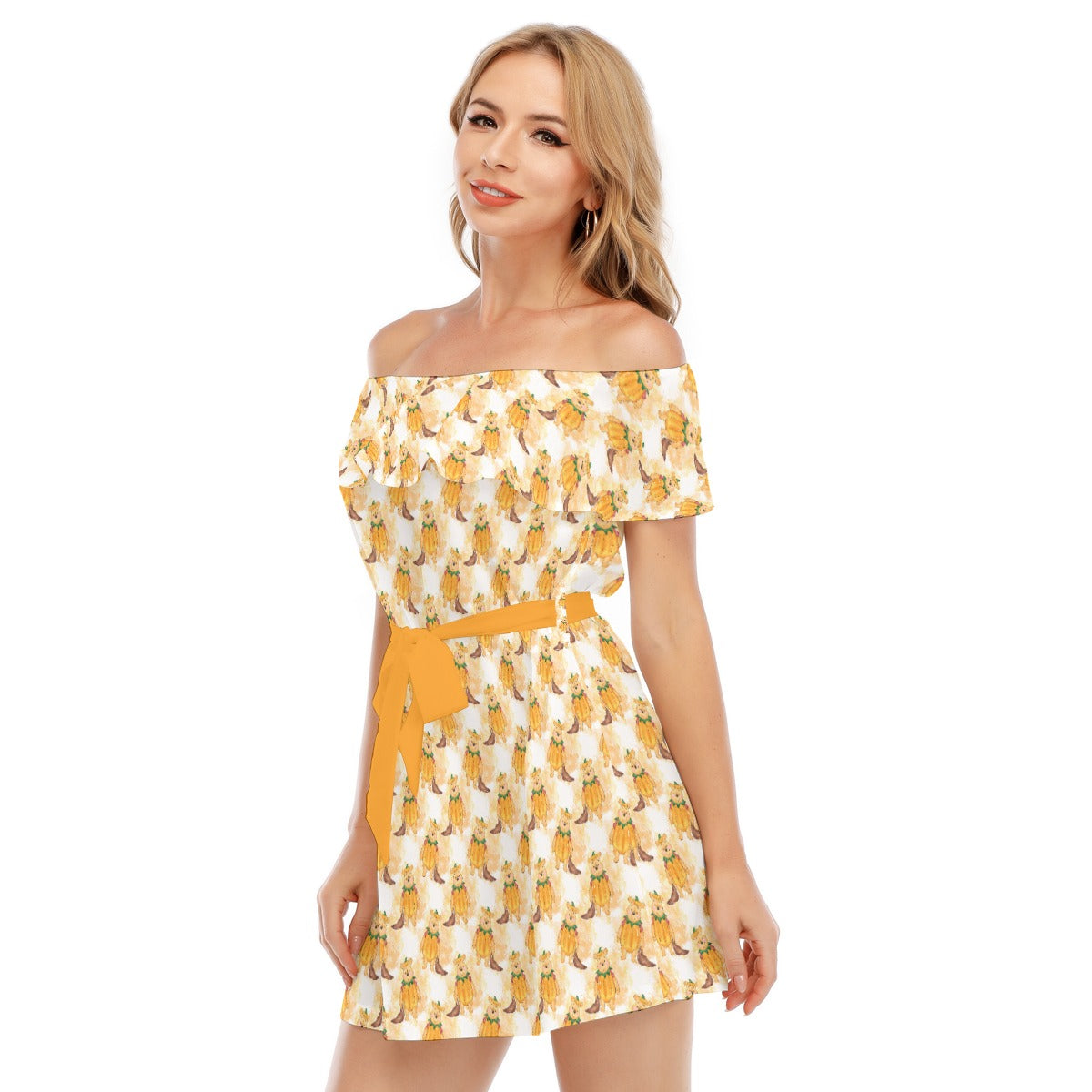 Pumpkin Bear Mischief - Women's Off-shoulder Ruffle Dress