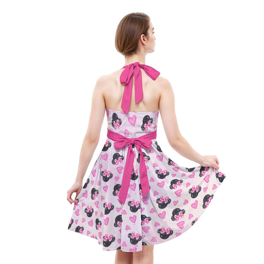 Watercolor Pink Bow Mouse Ears - Women's Halter Vintage Pocket Dress