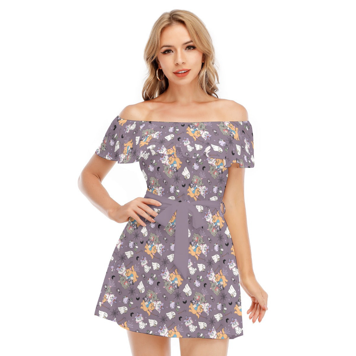 Spooky Fancy Felines - Women's Off-shoulder Ruffle Dress
