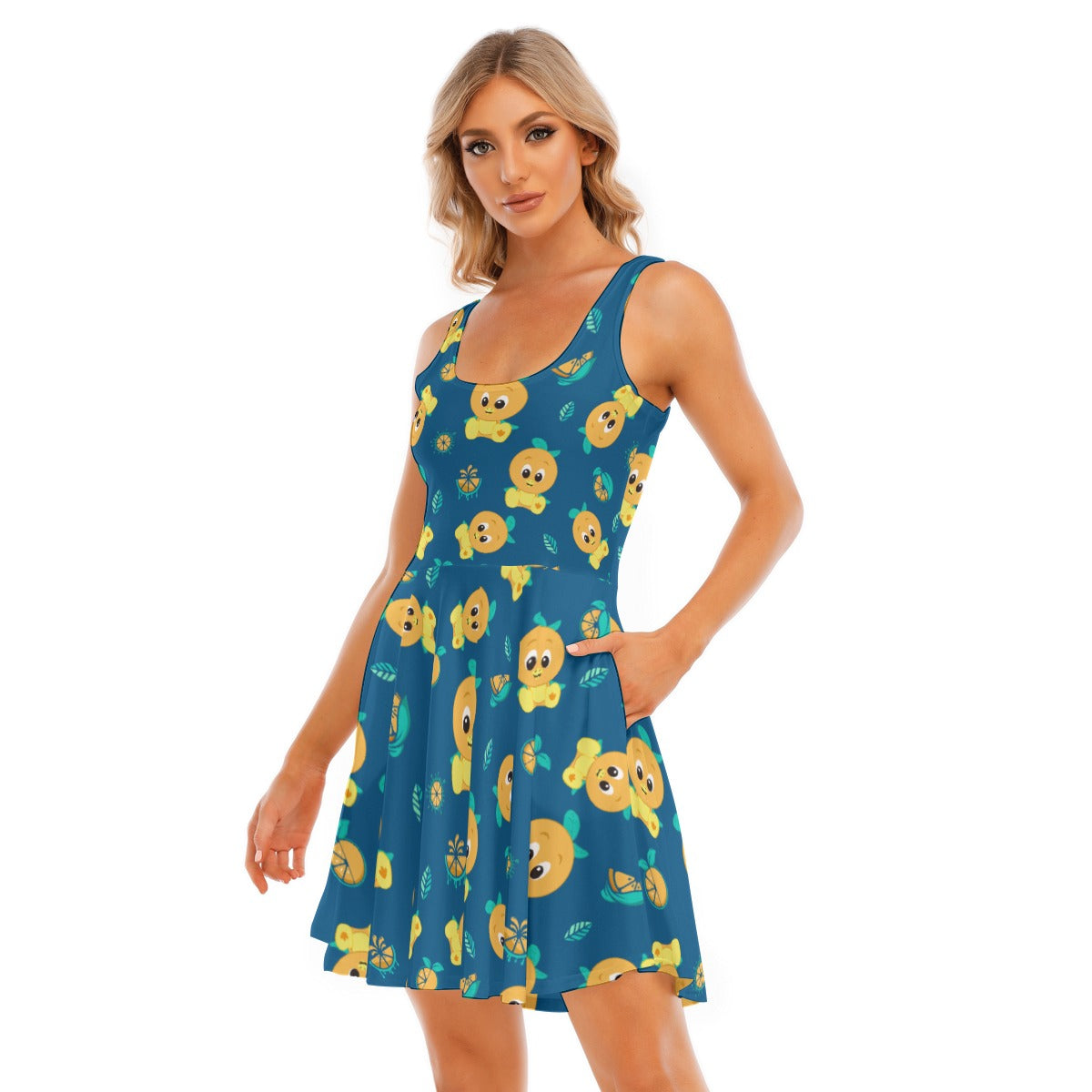 Cheerful Citrus Bird - Women's Sleeveless Pocket Skater Dress