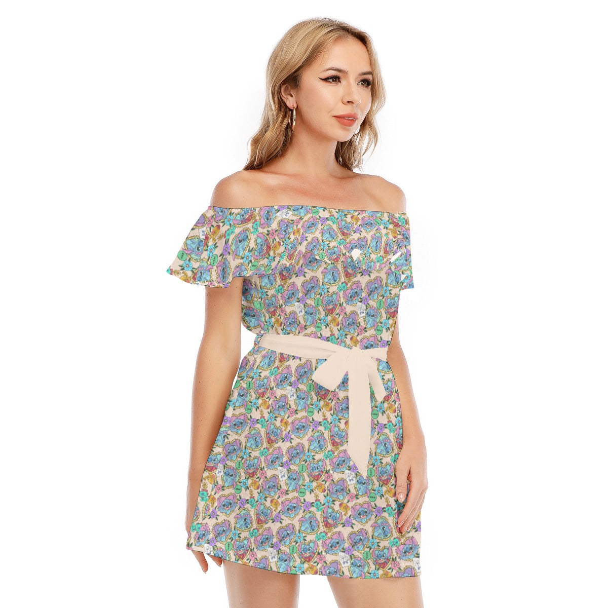 Tattoo Hearts Island Mischief - Women's Off-shoulder Ruffle Dress