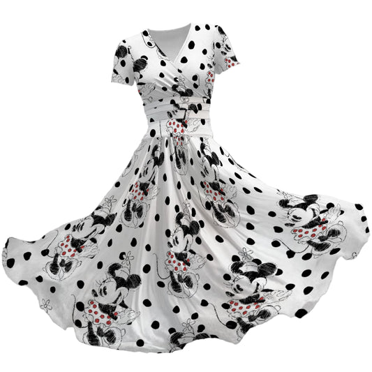 Sketch of Polka Dot Mouse - Women's V-Neck Ruched Midi Dress