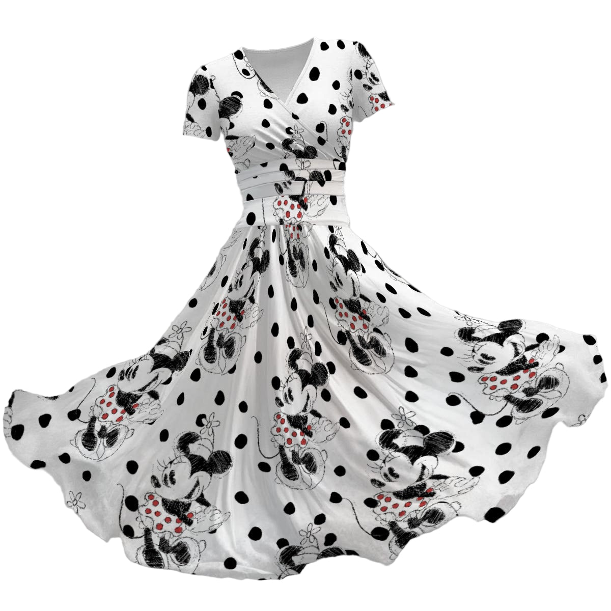 Sketch of Polka Dot Mouse - Women's V-Neck Ruched Midi Dress