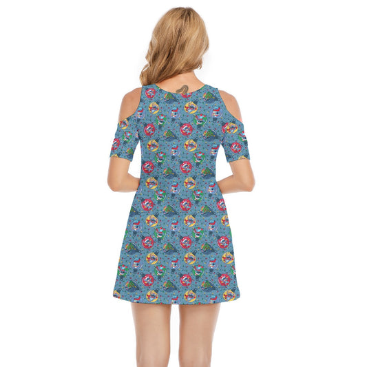 Holiday Baubles with Mischievous Blue Alien - Women's Cold Shoulder Cotton Dress