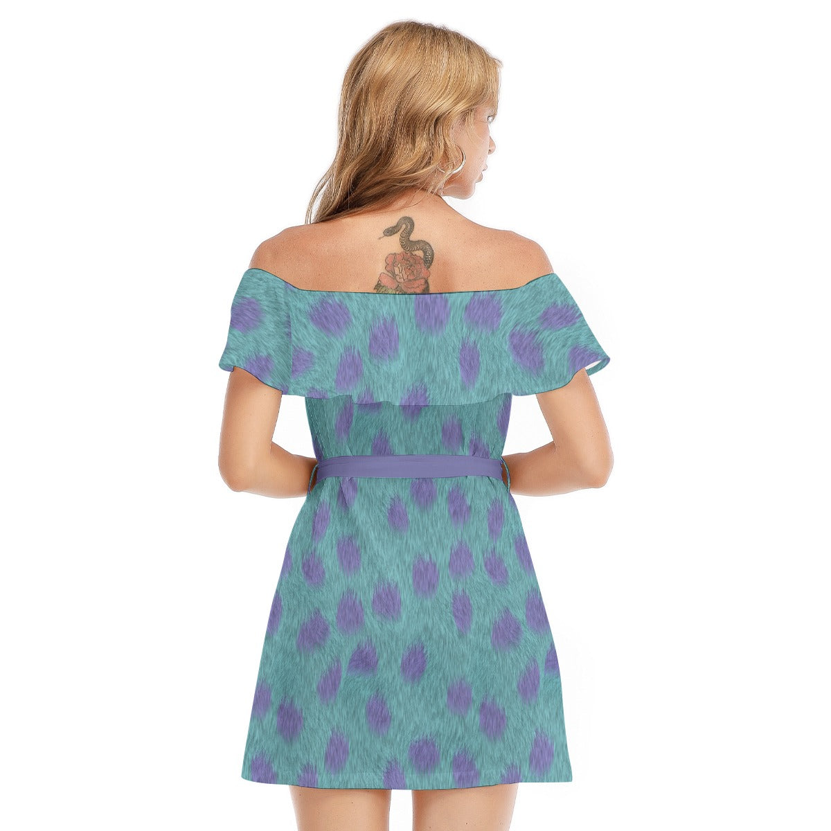 Turquoise Monster Spots - Women's Off-shoulder Ruffle Dress
