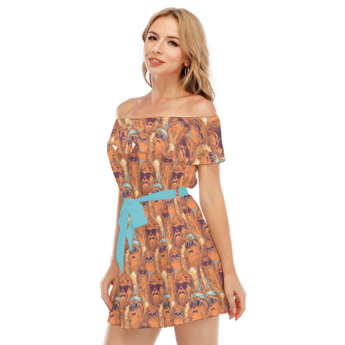 Retro Furry Friend Summer Vibes - Women's Off-shoulder Ruffle Dress