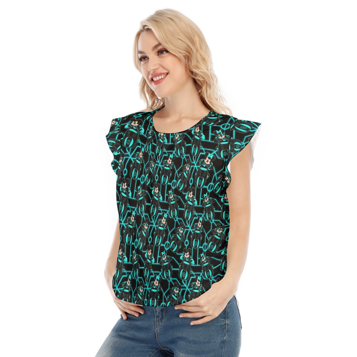 Electric Neon Grid Adventure - Women’s Flutter Sleeve Top