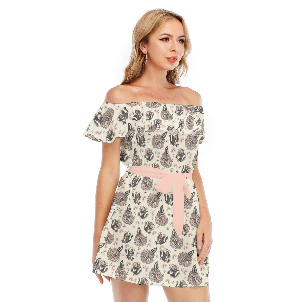 Bashful Blooming Skunk - Women's Off-shoulder Ruffle Dress