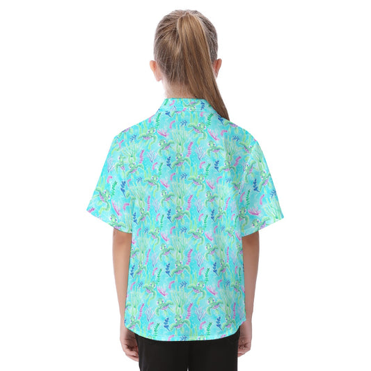 Neon Floral Baby Turtle - Kid's Hawaiian Button Up Shirt