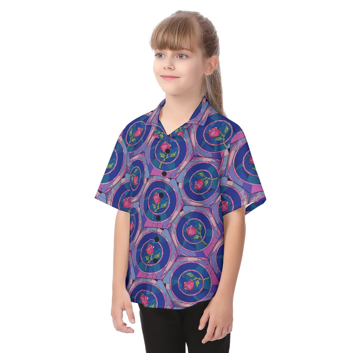 Enchanted Rose Stained Glass - Kid's Hawaiian Button Up Shirt