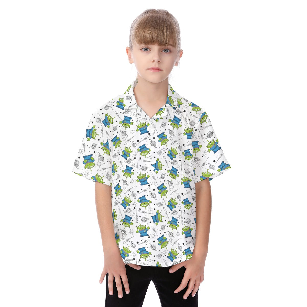 Playful Green Aliens on White - Kid's Hawaiian Button Up Shirt