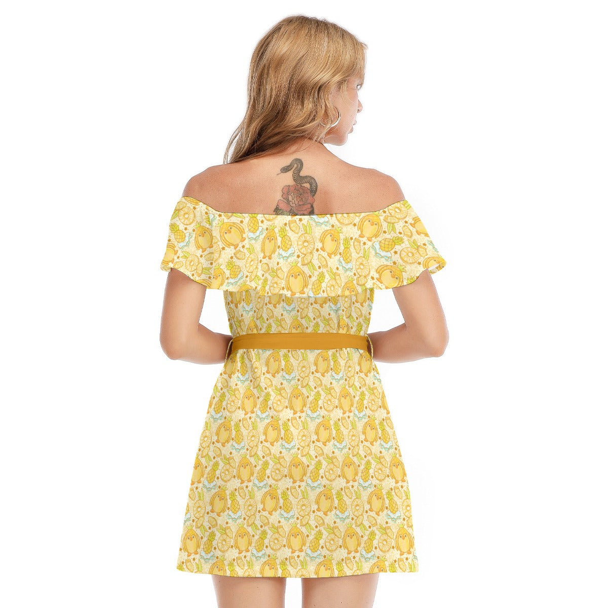 Fruitimals - Pineapple Penguins - Women's Off-shoulder Ruffle Dress