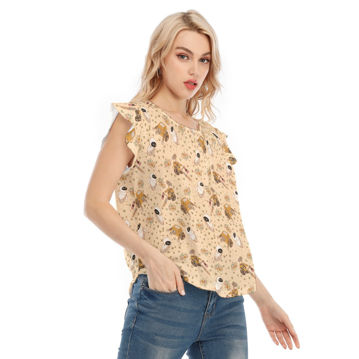 Botanical Robot Love Story - Women’s Flutter Sleeve Top