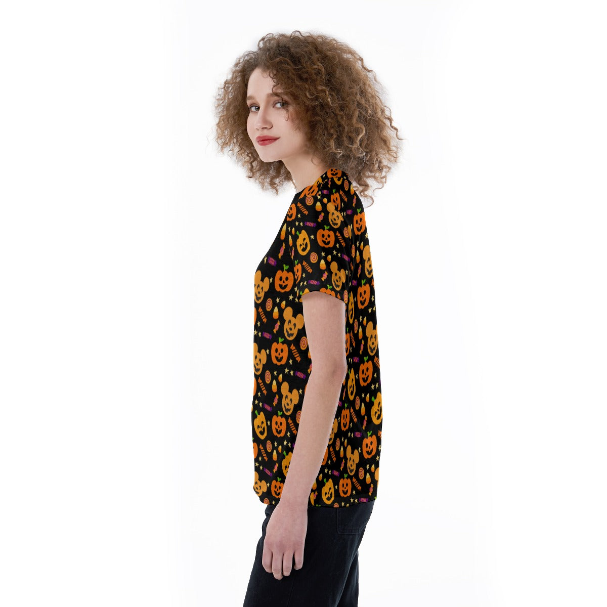 Cheerful Pumpkin Mouse Halloween - Women's Short Sleeve V-Neck T-Shirt