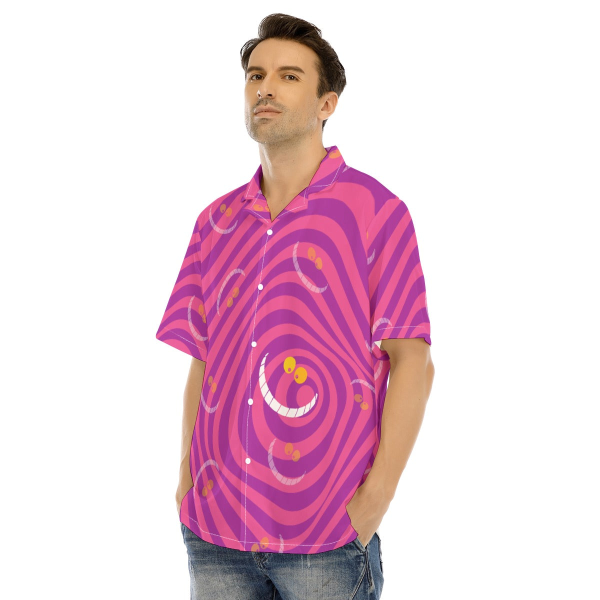 Whimsical Grinning Stripes - Men's Hawaiian Button Up Shirt
