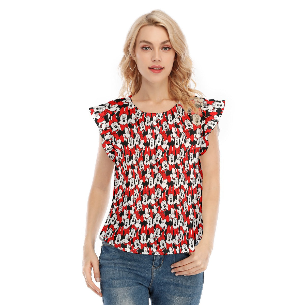 Many Faces of Polka Dot Mouse - Women’s Flutter Sleeve Top