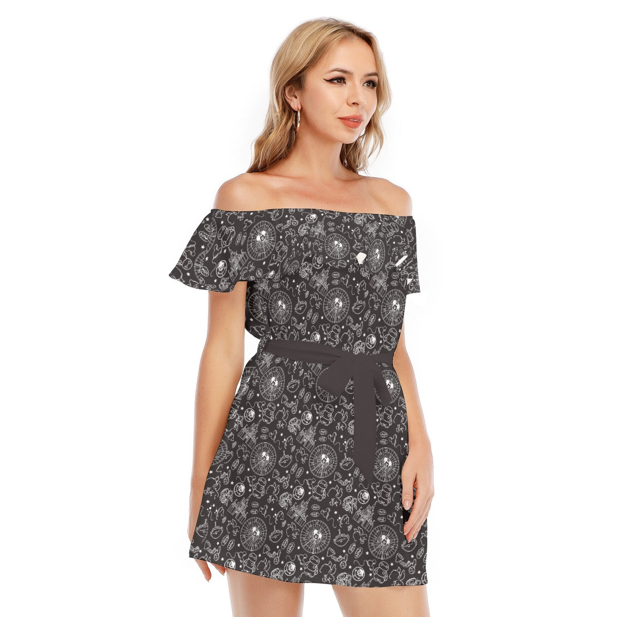 Monochrome Theme Park Icons - Women's Off-shoulder Ruffle Dress