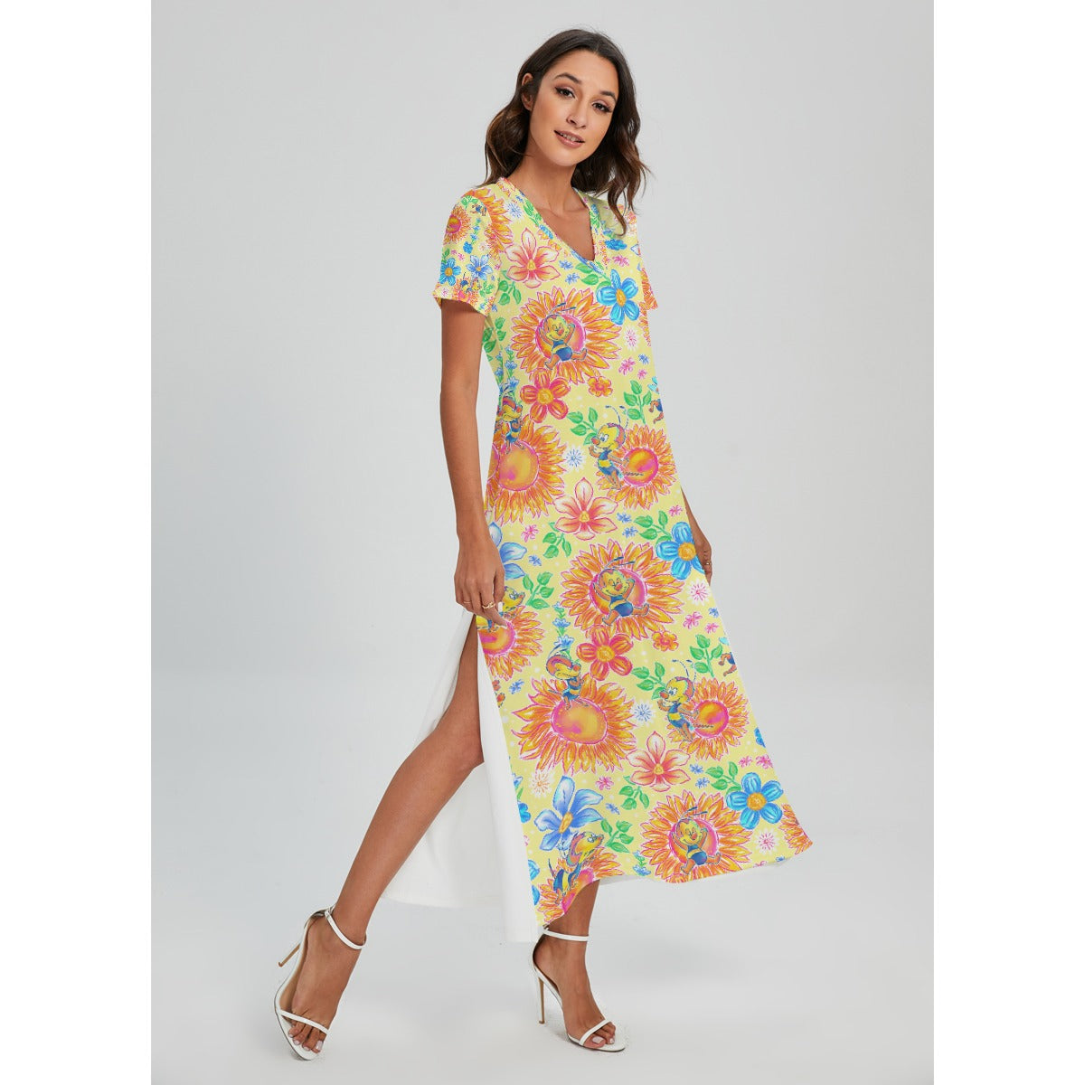 Buzzing Garden Buddy - Women's V-Neck Side Split Maxi Dress