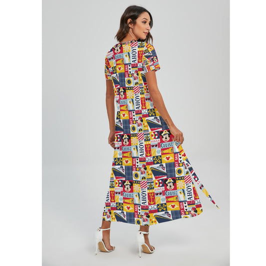 Nautical Cruise Patchwork - Women's V-Neck Side Split Maxi Dress