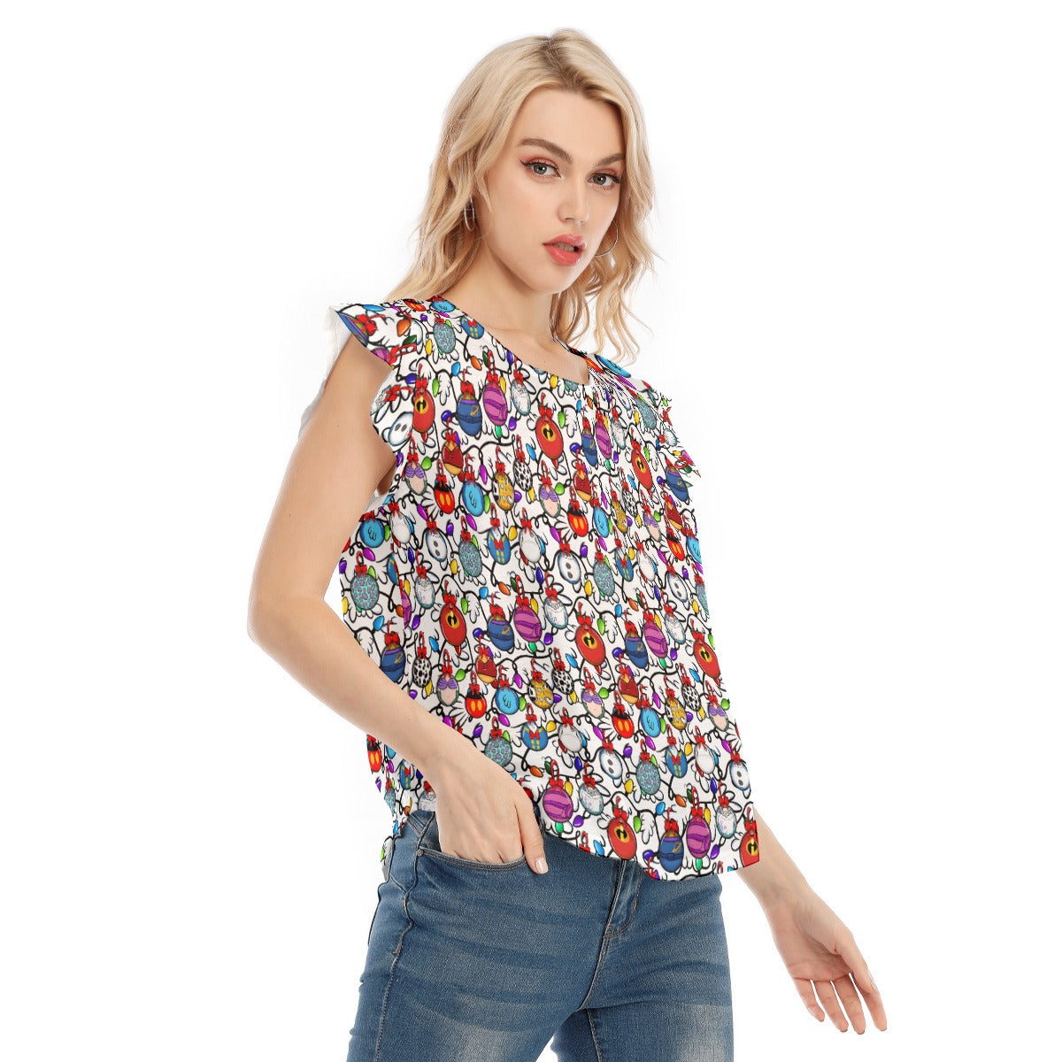Festive Character Baubles on White - Women’s Flutter Sleeve Top