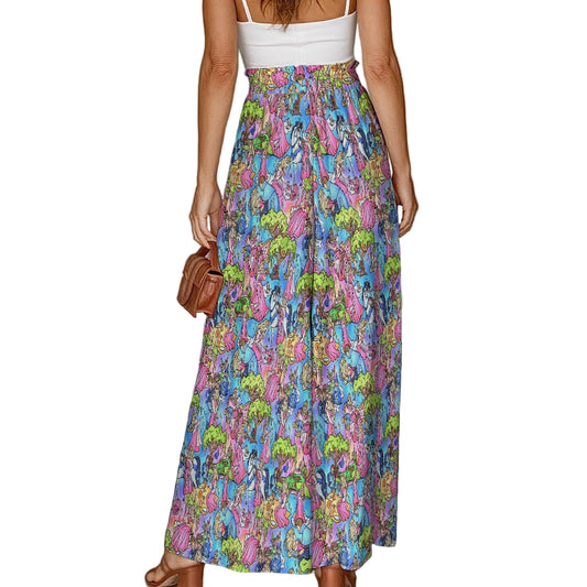 Dreaming Princess Storybook Scenes - Women's Ruffled Waist Wide-Leg Pants