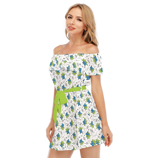 Playful Green Aliens on White - Women's Off-shoulder Ruffle Dress