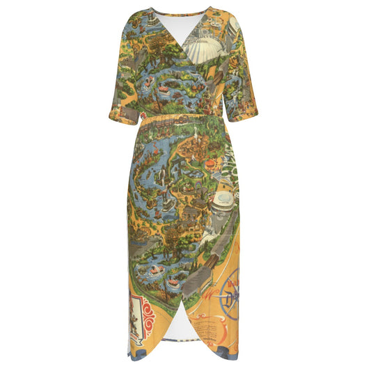 Vintage Theme Park Map - Women’s V-Neck Wrap Midi Dress
