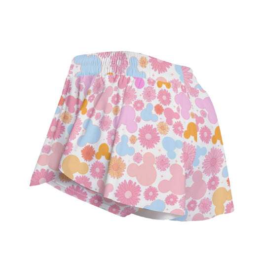 Retro Floral Mouse - Women's Flowy Pocket Shorts