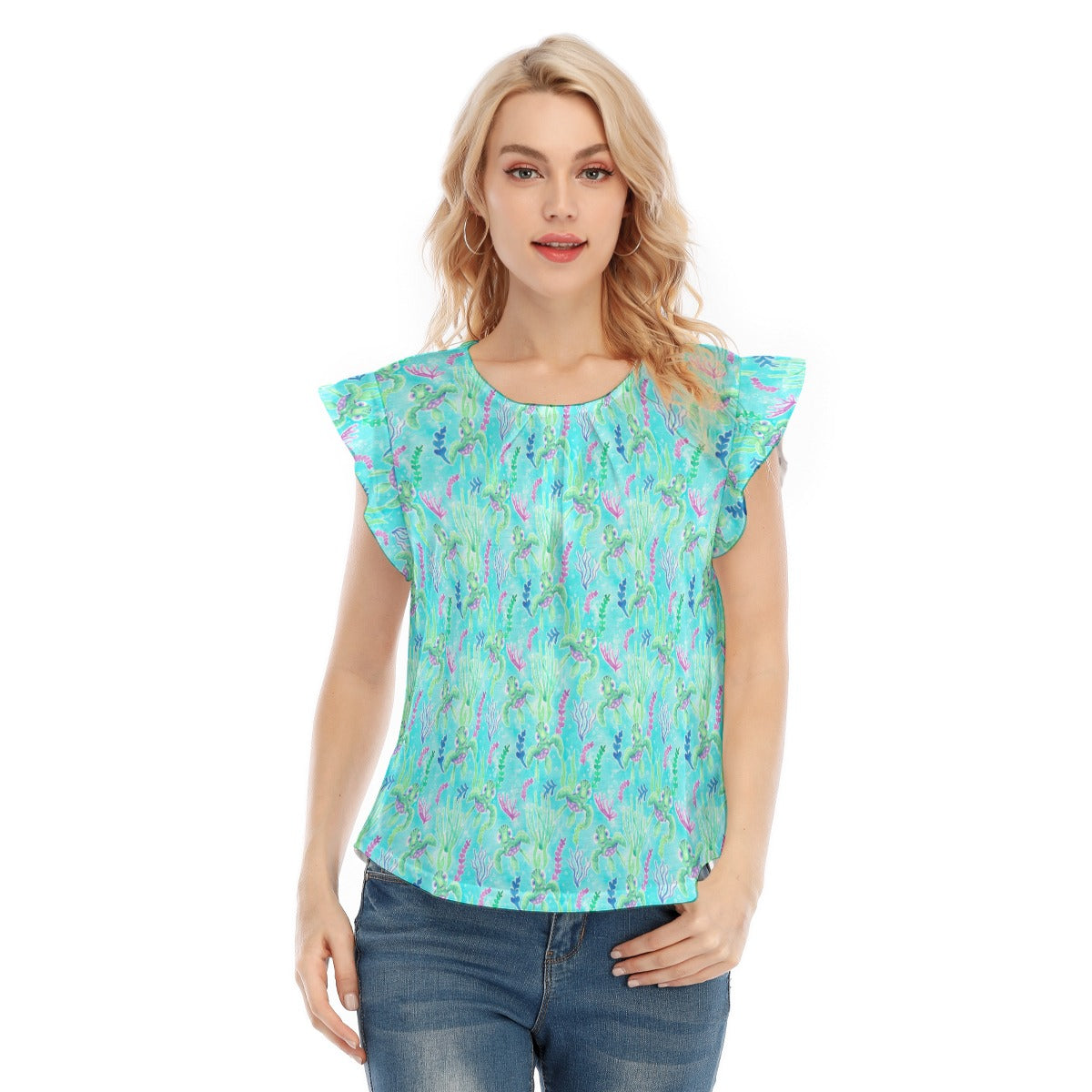 Neon Floral Baby Turtle - Women’s Flutter Sleeve Top