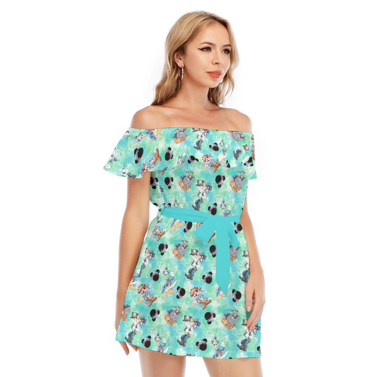 Pirate Crew Watercolor Adventure - Women's Off-shoulder Ruffle Dress