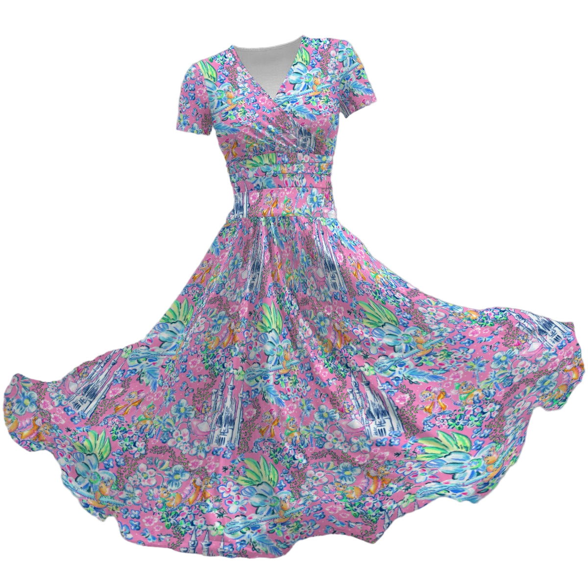 Bright Tropical Dreams - Enchanted Squeaky Helpers - Women's V-Neck Ruched Midi Dress