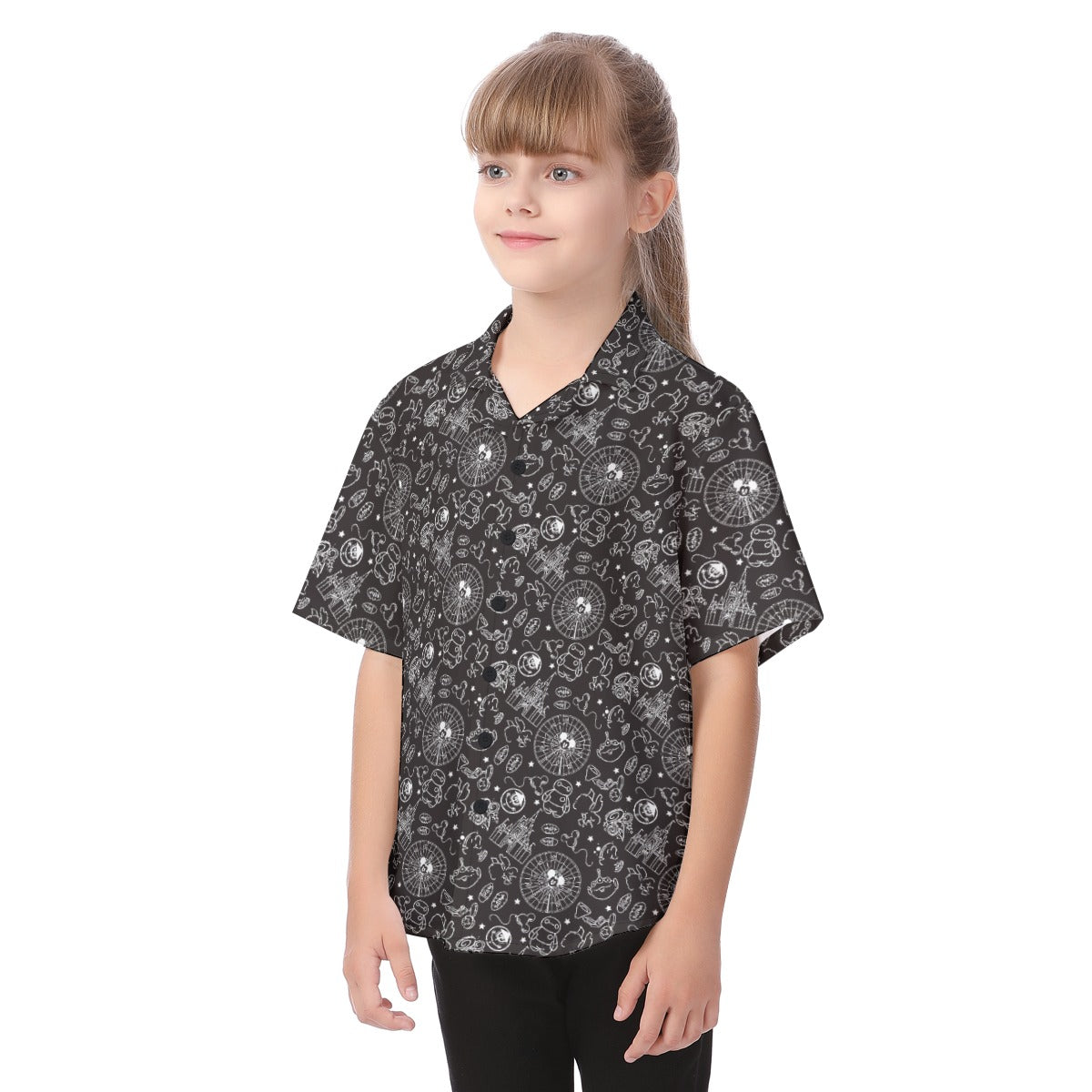 Monochrome Theme Park Icons - Kid's Hawaiian Button Up Shirt