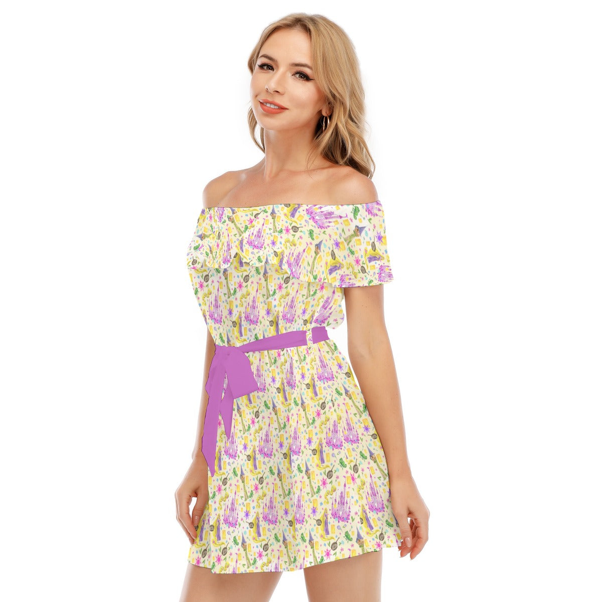 Watercolor Golden Hair Kingdom - Women's Off-shoulder Ruffle Dress