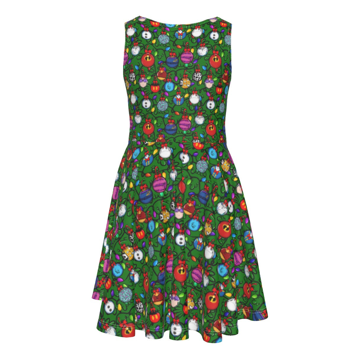 Festive Character Baubles on Green - Kid's Sleeveless Skater Dress