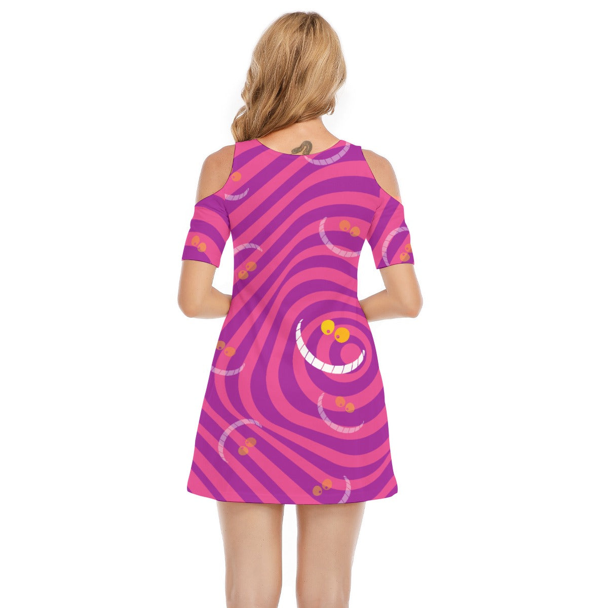 Whimsical Grinning Stripes - Women's Cold Shoulder Cotton Dress