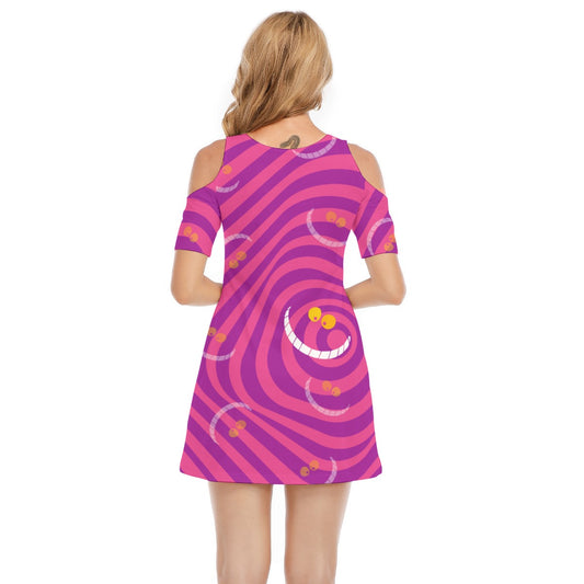 Whimsical Grinning Stripes - Women's Cold Shoulder Cotton Dress