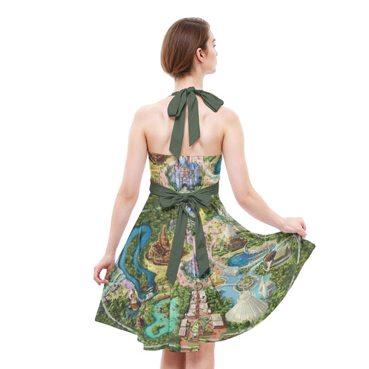 Colorful Theme Park Map - Women's Halter Vintage Pocket Dress