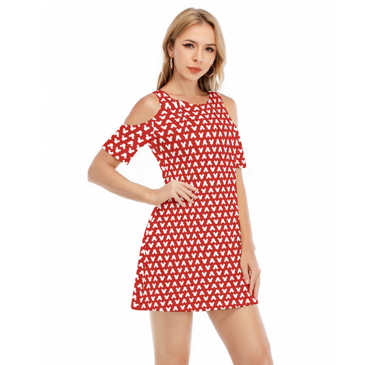 Playful Polka Dot Ears Red - Women's Cold Shoulder Cotton Dress